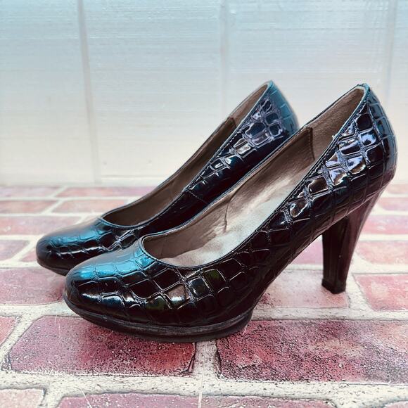 Women's Size 7 Black Faux Croc Skin 3.5" High Heel Slight Platform Classic Pumps - Picture 13 of 16